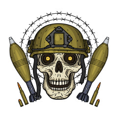 Soldier skull. Skull in helmet with mortar shells and barbed wire.