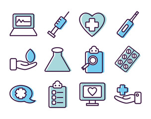 medical reports and healthcare icon set, line color style