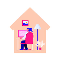 Flat Style Design. Freelancer WoMan Working at Home Telecommuting Vector Illustration Work from Home