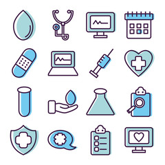 stethoscope and healthcare icon set, line color style
