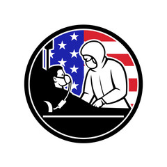 Illustration of an American medical doctor, nurse or healthcare professional wearing personal protective equipment treat an infectious COVID-19 coronavirus patient with USA flag done in retro style.