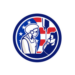 Illustration of an American medical doctor, healthcare professional or nurse wearing surgical mask tend an infectious COVID-19 coronavirus patient with USA stars and stripes flag done in retro style.