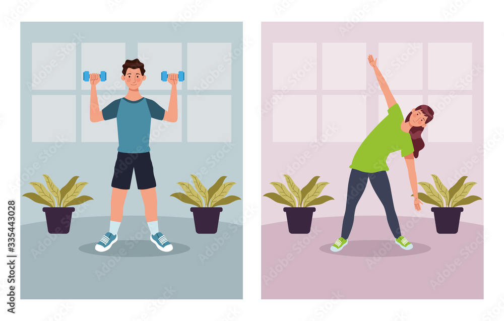 Wall mural couple practicing exercise in the house