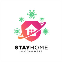 Stay at home. COVID 19 or coronavirus protection campaign logo. Self isolation appeal as sign or symbol. Virus prevention concept. Vector illustration.