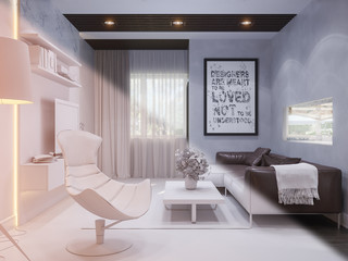 3d render of the interior design of the living room. Room with a window and a view of the kitchen