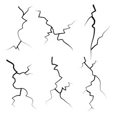 hand drawn cracked glass, wall, ground. lightning storm effect. doodle break set. vector illustration