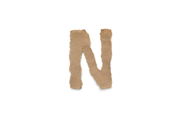 Alphabet letter font isolated over white background. English flat brown torn paper character N