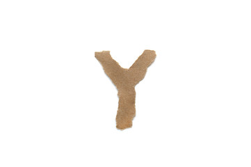 Alphabet letter font isolated over white background. English flat brown torn paper character Y