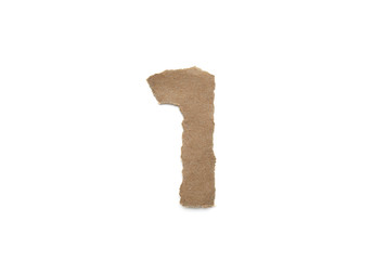 Arabic number symbol isolated over white background. English flat brown torn paper number 1