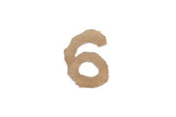 Arabic number symbol isolated over white background. English flat brown torn paper number 6