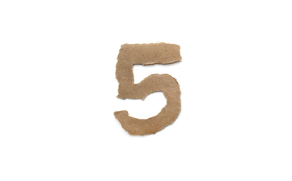 Arabic number symbol isolated over white background. English flat brown torn paper number 5