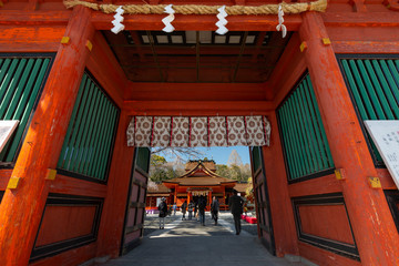Fujisan Hongū Sengen Taisha in Springtime, where many climbers stop at this well-known, historic Shinto shrine with a pond & views of Mount Fuji, Japan