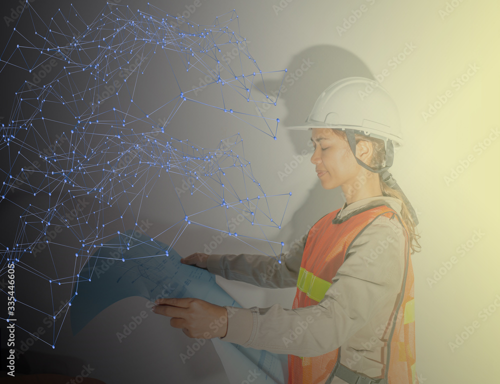 Aufkleber woman engineer engineering project management, social connection networking concept, with plexus str