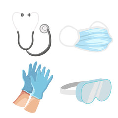 Set of doctors and nurses for surgical protective medical for virus prevention, with a collection of illustrated masks, protective goggles, stethoscopes, gloves.