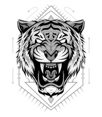 Tiger logo. Black white illustration of a tiger head. Portrait of a predator. Tattoo wild cats.