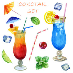 Watercolor glasses with sex cocktails on the beach and blue lagoon. Mint leaves, lime, lime slices, ice cubes for drinks, cocktails, cherry berries, straws for cocktails, umbrella for cocktails.