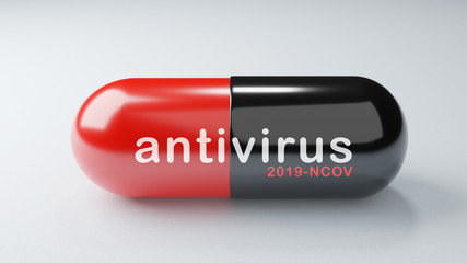 Closeup COVID-19 antiretroviral drugs antivirus capsule on white background. Medicine vaccine concept. Medical science healthcare. Antibiotic immune research. Red Black color. 3D illustration render