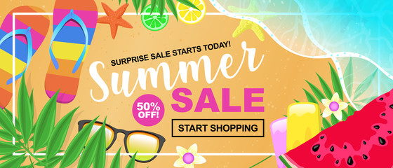 Summer Sale Concept with Fruits, Sandals, Sun Glasses, and Palm Leaves on a Sandy, Tropical Beach - 335449004
