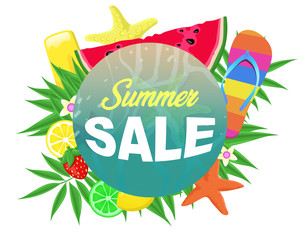 Summer Sale Emblem with Tropical Objects like Palm Leaves, Sandals, Fruits, Starfish, and Watermelon