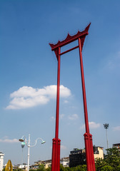Naklejka premium The Giant Swing or Sao Chingcha is a religious structure that is formerly used in an old Brahmin ceremony and is one of Bangkok's tourist attractions in Phra Nakhon District Bangkok Thailand 
