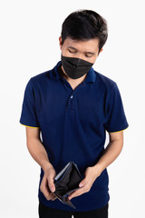 Protection against contagious disease, coronavirus. Man wearing hygienic mask to prevent infection, airborne respiratory illness such as flu, 2019-nCoV. He lost money purchase protection gear COVID-19