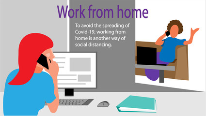 The cartoon illustration picture of the women working from home. ( vector )