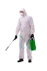Young male contractor disinfecting in coronavirus concept