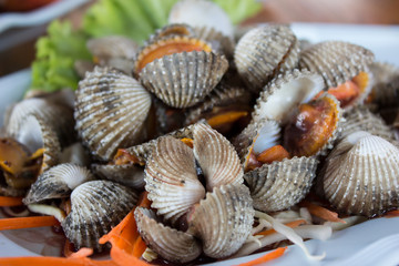 Cooked clams are served on a plate. Very tasty in Thailand