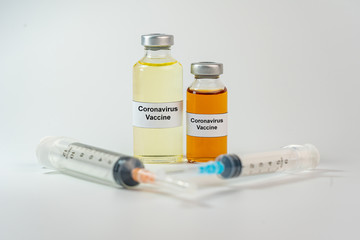 Studio shot of two Sars-Cov-2 Coronavirus vaccine bottle