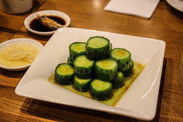 cucumber cook in taiwan taipei traditional restaurant out of focus