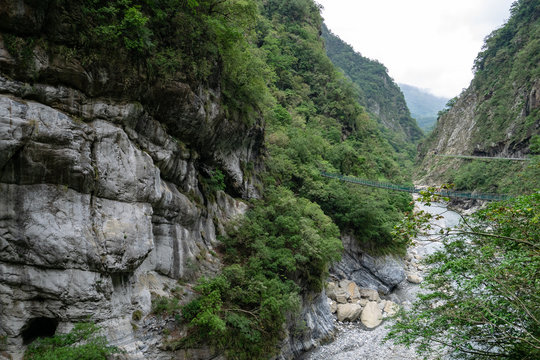 The view of green bridge and river at Taroko national park (Taroko gorge scenic area) in Taiwan.