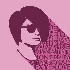 Portrait of beautiful woman in black sunglasses. Short hair. Half turn view. Web icon with long shadow