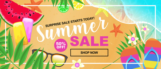 Summer Sale Banner on Tropical Beach with Palm Leaves, Watermelon, Starfish, and Ocean Water