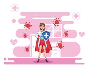 super female doctor with shield and cloak vs covid19