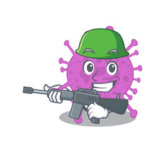 A cartoon picture of avian coronavirus in Army style with machine gun