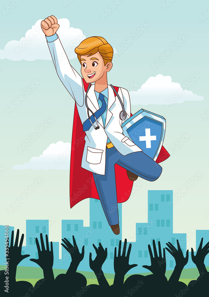 Poster super doctor flying with shield and people cheering