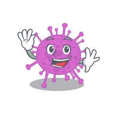 A charismatic avian coronavirus mascot design style smiling and waving hand