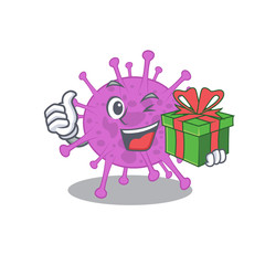 Smiling avian coronavirus cartoon character having a green gift box