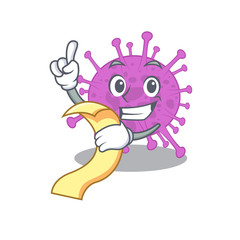 Avian coronavirus mascot character design with a menu on his hand