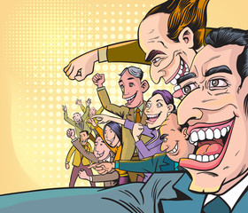 Happy laughing cartoon characters, pop art retro comedy comic books.