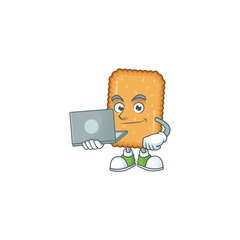 Diligent biscuit mascot design style working from home with laptop
