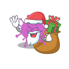 Cartoon design of avian coronavirus Santa with Christmas gift