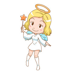 Cartoon character of cute angel holding magic wand.