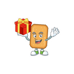 Charming biscuit mascot design has a red box of gift