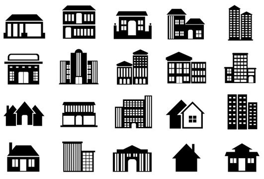 set of Building symbol vector. Hospital, hotel, apartment, skyscraper, school, house modern icon illustration design, white background 