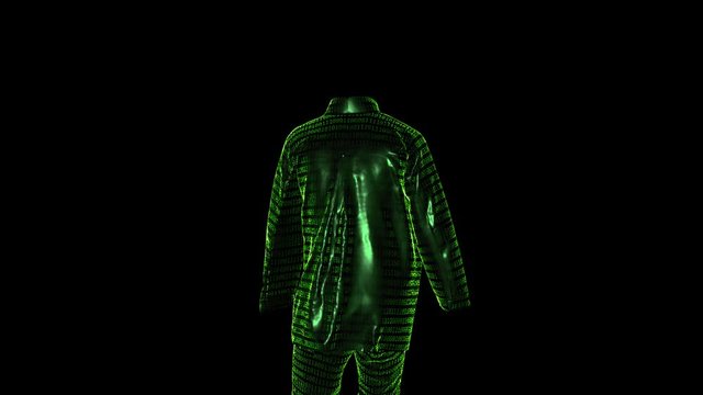 Digital Human With Green Binary Coded Cloth Walks in Alpha Channel