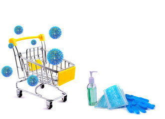 shopping cart, 2019-nCoV coronavirus, hygiene products, on a white isolated background. Concept...