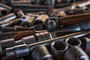 Wrenches and tools for mechanics in a garage