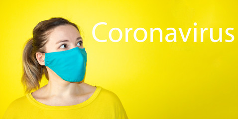 COVID-19 Pandemic Coronavirus Woman  wearing face mask protective for spreading of disease virus . Girl with surgical mask on face against Coronavirus Disease 2019.