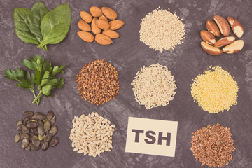 Inscription TSH with different products and ingredients as source vitamins for healthy thyroid